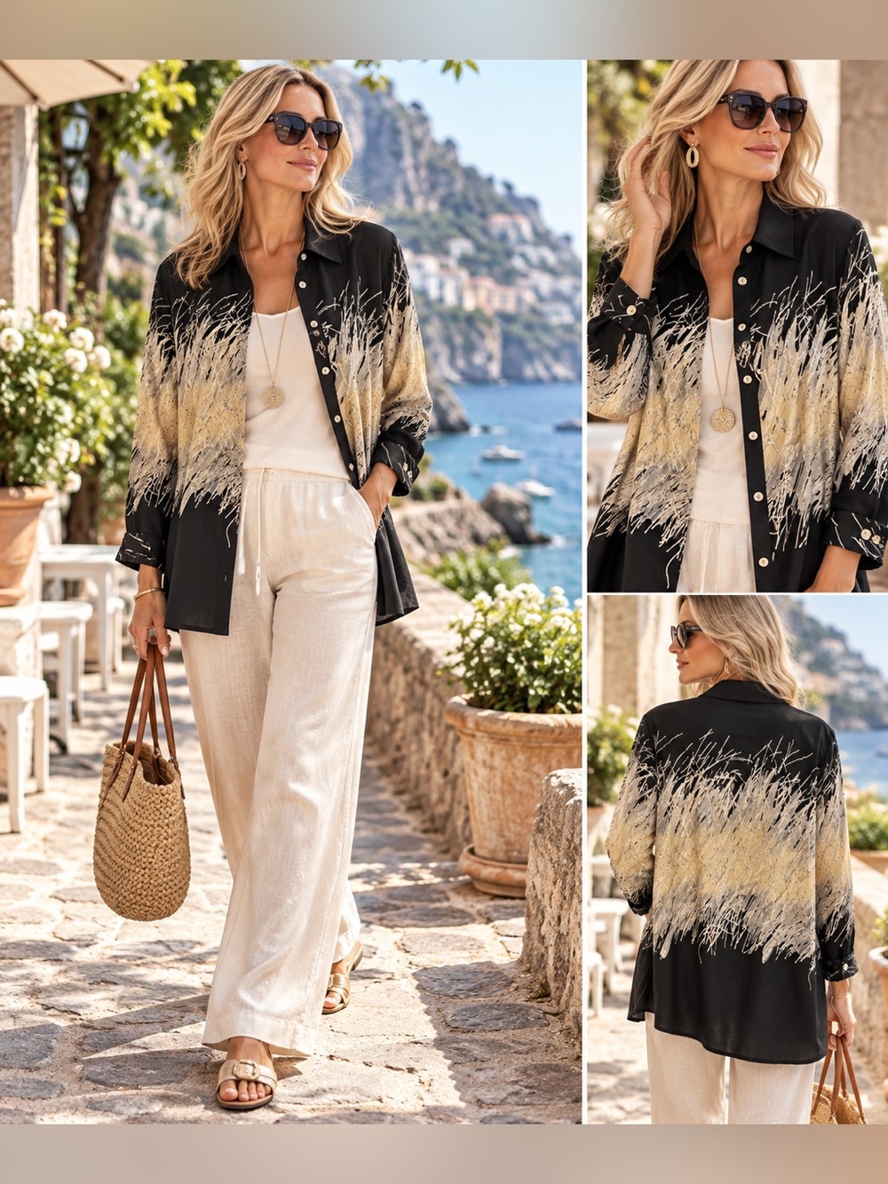Women's Black & Cream Gradient Button-Front Overshirt